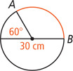 A circle has a diameter line of 30 centimeters. A radius line extends above to A, 60 degrees from the left side of the diameter line, and other arc to B on the right side of the diameter line.