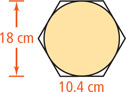 A shaded circle with diameter 18 centimeters is inscribed inside a hexagon with sides of 10.4 centimeters.