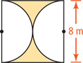 A shaded circle with sides of 8 meters has two semicircles removed inside, spanning opposite sides and meeting in the center.
