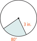 A circle has two radius lines measuring 3 inches with a shaded sector between them within arc measuring 80 degrees.