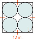 A square with sides of 12 inches has four congruent shaded circles inscribed inside, each circle touching two sides of the square.