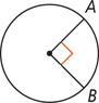 A circle has perpendicular radius lines extending to A and B on the circle, respectively.