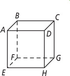 A cube has vertices A, B, C, and D on top, from bottom left clockwise, and vertices E, F, G, and H, from bottom left clockwise.