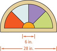 A stained glass window surrounded by a frame has five colored regions.