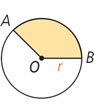A circle centered at O has two radius lines measuring r extending to A and B, respectively.
