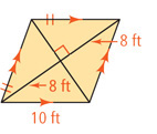 A rhombus with bottom base 10 feet has diagonals intersecting at a right angle, one divided into two 8-foot segments.