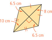A kite has diagonals intersecting at a right angle, one divided into two 6.5-centimeter segments and other into an 8-centimeter segment and a 10-centimeter segment.