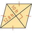 A rhombus has diagonals intersecting at a right angle, one with a 10-foot segment and one with a 12.8-foot segment.