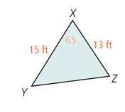 Triangle XYZ has angle X 65 degrees, side XY 15 feet, and side XZ 13 feet.