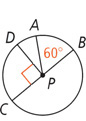A circle with center P has diameter line BC. Radius PD is perpendicular to BC and radius PA is between PD and PB, 60 degrees from PB.