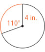 A circle has two radius lines measuring 4 inches 110 degrees apart, with the arc opposite the angle shaded red.