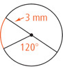 A circle with radius 3 millimeters has a diameter line and a radius line. On one side of the diameter, the radius forms a 120 degrees with the other arc shaded red.