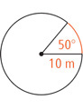 A circle has two radius lines measuring 10 meters 50 degrees apart, with the arc opposite the angle shaded red.