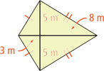 A kite with long sides 8 meters and short side 3 meters has diagonals intersecting, the short diagonal divided into 5-meter segments.