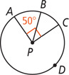 A circle with center P has radii PA and PC perpendicular, with radius PB between, 50 degrees from PA. Point D is opposite A.