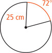 A circle has two radius lines of 25 centimeters with a 72 degrees arc between.