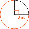 A circle has two perpendicular radius lines of 2 inches, with the large arc between them shaded.