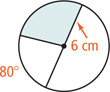 A circle with radius 6 centimeters has a diameter line and a radius line. On one side of the diameter line, one sector is shaded and the other has an arc of 80 degrees.
