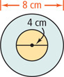 A circle with diameters 8 centimeters contains a yellow circle with diameter 4 centimeters.