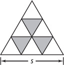 A large triangle with sides measuring s is divided into nine triangles, the middle three shaded.