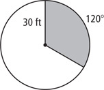 A circle has two radius lines measuring 30 feet forming an arc of 120 degrees, with sector between shaded.