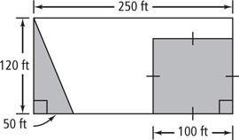 A rectangle with length 250 feet and height 120 feet has a shaded right triangle at one corner, with one leg the height of the rectangle and other leg 50 feet, and a shaded square at another corner with sides of 100 feet.