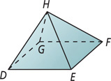 A polyhedron has a quadrilateral base DEFG with four triangular faces extending up from each edge to H above.
