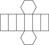 A net has a row of six congruent rectangles, with congruent hexagons attached to the top and bottom sides of the fourth rectangle from the left.