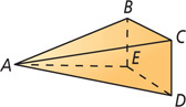 A solid has a quadrilateral base BCDE on the right with four triangular faces connecting the base to vertex A on the left.