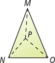 A polyhedron has a triangular face NPO with sides connected by three triangular faces to vertex M above.