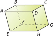 A polyhedron has two parallelogram faces, ADHE at the front and BCGF at the back, connected by four rectangular faces.