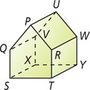 A polyhedron has two pentagonal faces, PQSTR at the front and UVXYW at the back, connected by five rectangular faces.