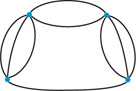 A network is composed of three leaf-shaped figures each with two vertices connected in series. A path extends between the outside vertices through the outside leaves, along the top path of the middle leaf. A bottom path connects the outside vertices.
