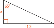 A right triangle has a leg measuring x and other leg measuring 10 opposite a 65 degree angle.