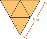 A net has four triangles, one with two congruent sides, arranged in a larger triangle with a side measuring 6 meters.