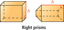 A rectangular prism has height line along a lateral edge between top and bottom bases. A prism with trapezoidal bases has height line along a lateral edge between them.