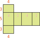 A net has a row of four rectangles each with height 5, alternating with lengths of 4 and 3. Rectangles on the top and bottom sides of the left rectangle each have height 3 and length 4.