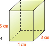 A prism has front left edge measuring 5 centimeters, front bottom edge measuring 4 centimeters, and right bottom edge measuring 3 centimeters.