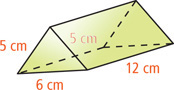 A triangular prism has triangular faces with base 6 centimeters and top two sides 5 centimeters, with lateral edges 12 centimeters between them.