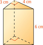 A prism has bases as right triangles with legs measuring 3 centimeters and 4 centimeters, with height 6 centimeters between them.