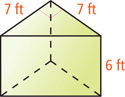 A prism has right-triangular bases with legs each 7 feet and height 6 feet between them.