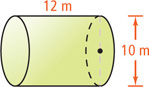 A cylinder has base diameter 10 meters and height 12 meters between them.