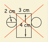 An incorrect net consists of a rectangle with height 4 centimeters and length 3 centimeters, with circles of diameter 2 centimeters attached on the 4-centimeter sides.