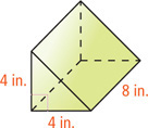 A prism has right-triangular bases with legs each 4 inches, with height 8 inches between them.