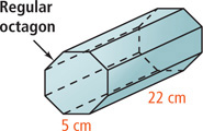A prism has regular octagonal bases with sides of 5 centimeters, with height 22 centimeters between them.