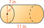 A cylinder has bases with diameter 7 inches, with height 11 inches between them.