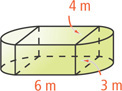 A solid consists of a prism with height 3 meters and rectangular bases of length 6 meters and width 4 meters, as well as two halves of a cylinder of the same height spanning the two width sides of the rectangle.