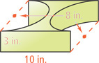 A solid is shaped like a prism with height 3 inches and rectangular bases of length 10 inches and width 8 inches. Two halves of a cylinder of the same height are removed from each width end of the rectangular prism.