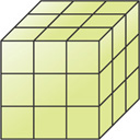 A cube is divided into smaller cubes, with nine faces visible on each face of the larger cube.