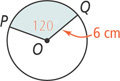 A circle with center O has radius lines OP and OQ of length 6 centimeters 120 degrees apart, with the sector between them shaded.